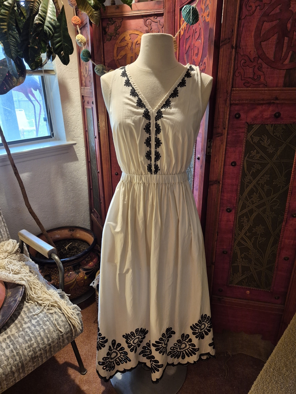 Universal Thread Cream Midi Dress with Black Embroidery